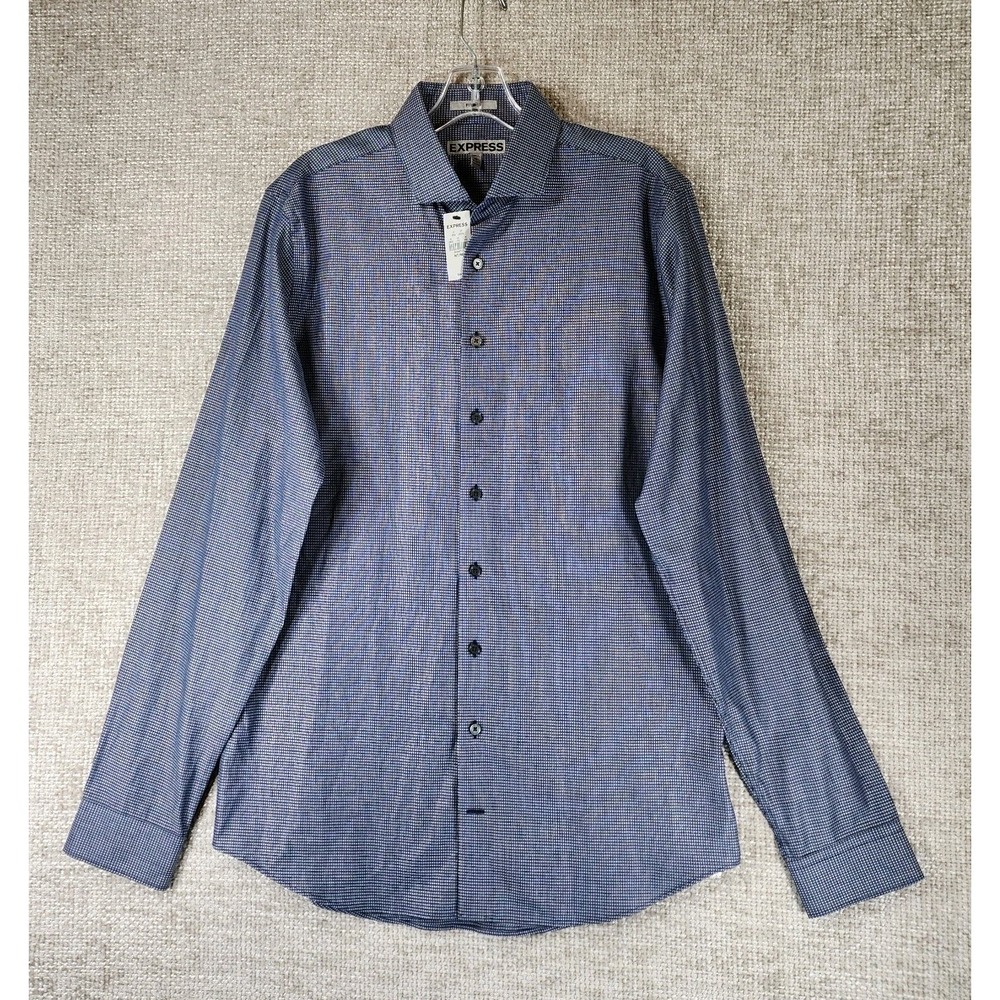 Express Fitted Microplaid Dress‎ Shirt Mens MT Tall Navy White Long Sleeve NWT